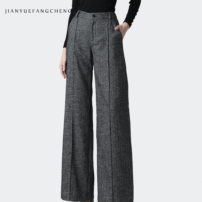 Fashion Wool Wide Leg Pants Women High Waist Straight Casual Brown Long Pants Warm Thicken Winter Trousers Plus Size Street wear 201228