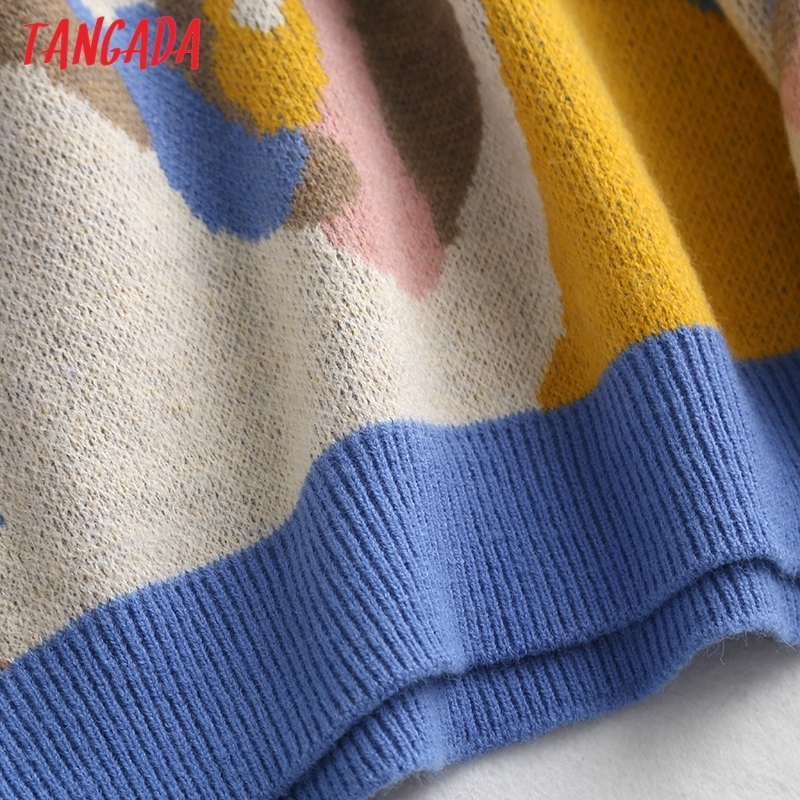 Tangada Women Elegant Pating Pattern Knitted Sweater Jumper O Neck Female Oversize Pullovers Chic Tops BC112 201109