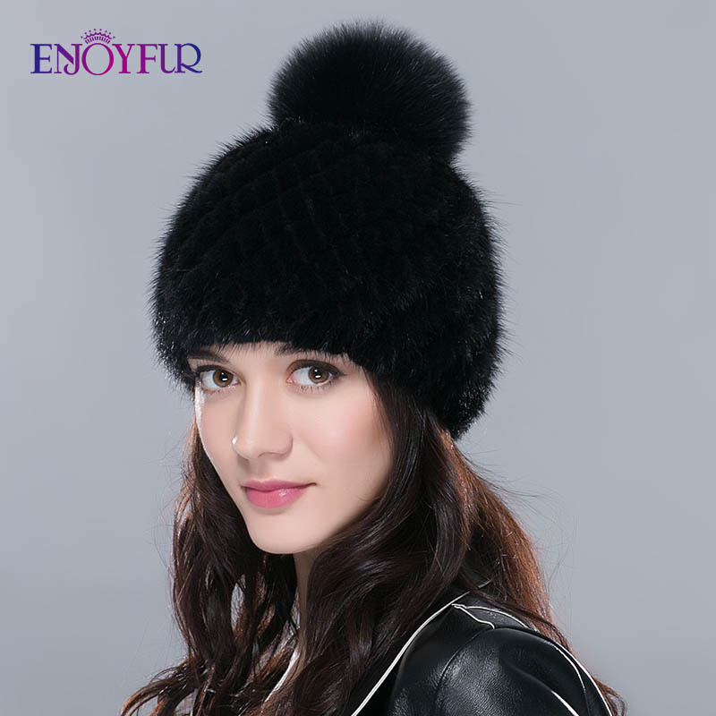 

ENJOYFUR hot sale real mink fur hat for women winter knitted mink fur beanies cap with fox fur pom poms new thick female cap Y200102, 03ymq