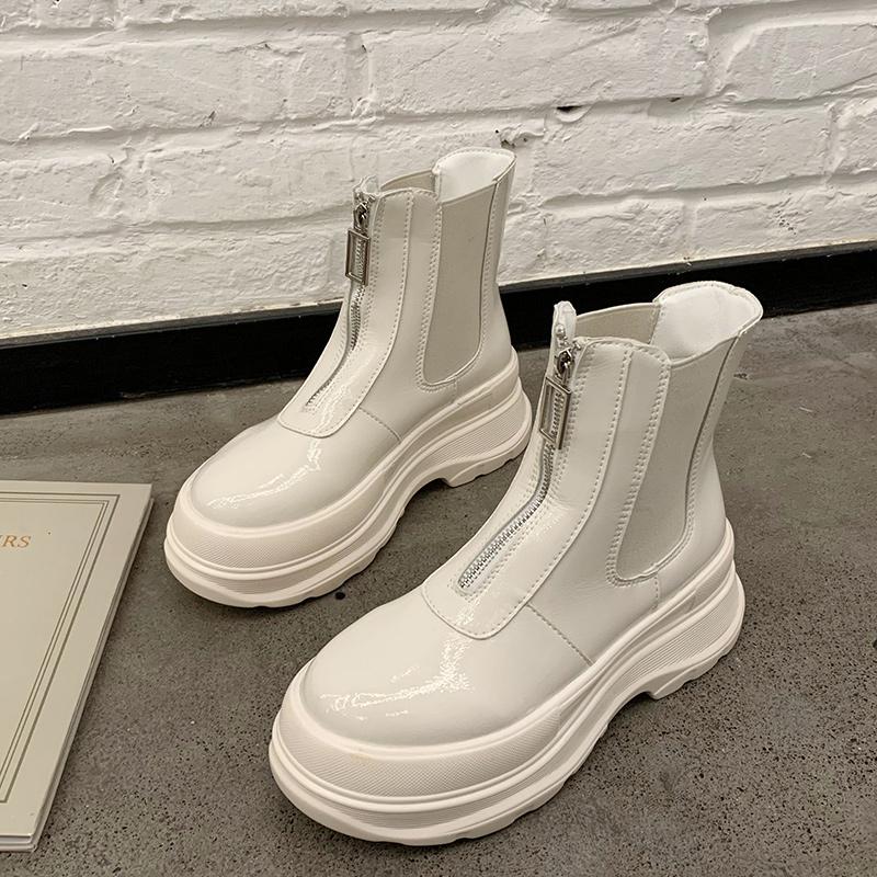 Muffins shine pu platform boots women elastic round toe short botas wedges high heels motorcycle bottes front zipper booties2020