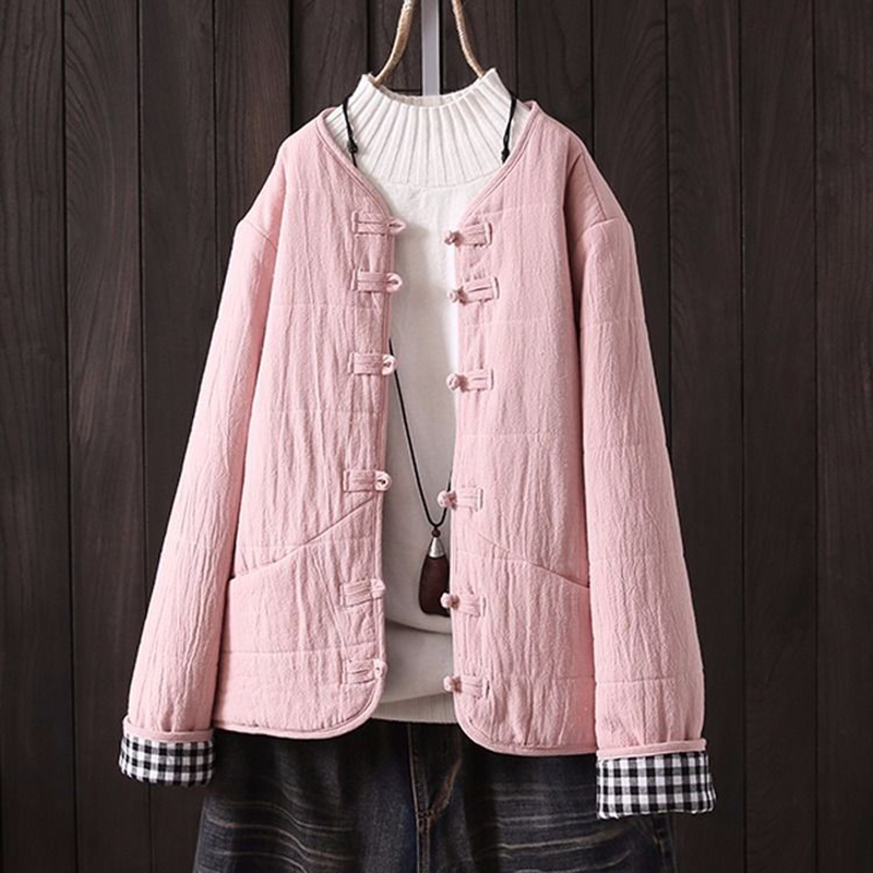New Arrival Autumn Winter Arts Style Women Long Sleeve Single Breasted Quilted Warm Coats Cotton Linen Vintage Jackets S556 201126