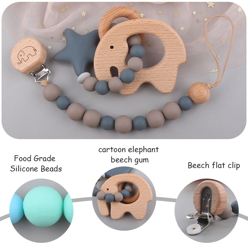 INS baby Safty Wooden Soothers & Teethers Unicorn Elephant Shape Beads Ball Design Health Care Teething Training Infant Pacifier Anti-Drop Chain Set O