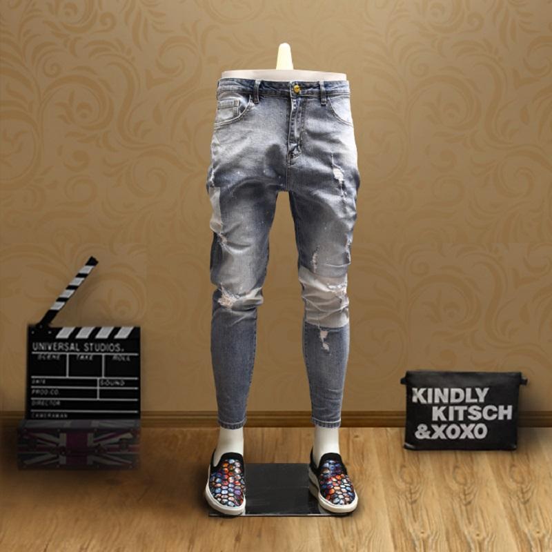Ripped Patchwork Mens Skinny Jeans Streetwear Light Blue Ankle-Length Pants for Cowboys Men
Ripped Patchwork Mens Skinny Jeans Streetwear Light Blue Ankle-Length Pants for Cowboys Men