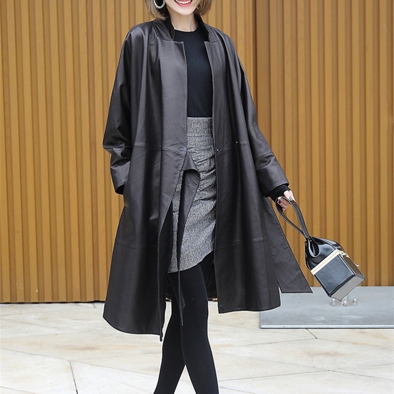 Lautaro Black oversized jacket batwing sleeve Casual soft loose wrap coat Plus size faux leather streetwear women Y201001