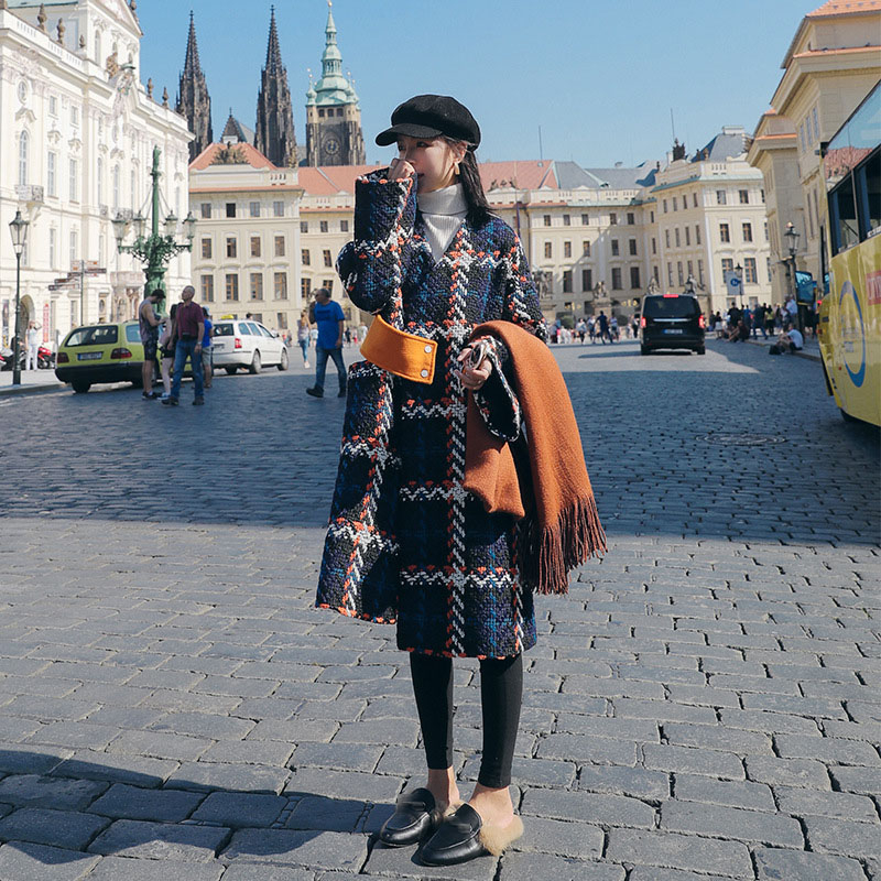 LANMREM autumn and winter fashion plaid warm vneck allmatch woolen coat Women's Midlength overtheknee loose coat 2A905 201112