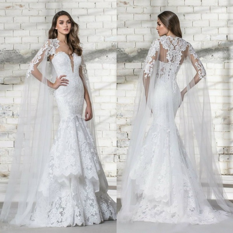 2022 Mermaid Wedding Dresses With cloak Deep V-neck Custom made Appliques Race White Ivory Bridal Gowns