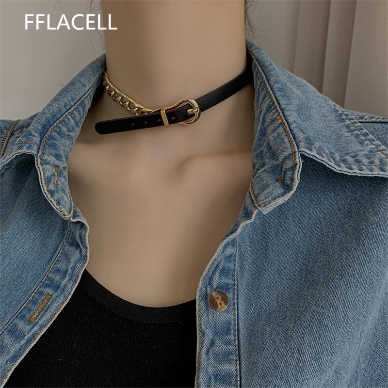 Chokers FFLACELL 2021 Design Punk Black Brown Leather Metal Chain Gold Stitching Necklace Belt Buckle Women's Party Jewelry
Chokers FFLACELL 2021 Design Punk Black Brown Leather Metal Chain Gold Stitching Necklace Belt Buckle Women's Party Jewelry
