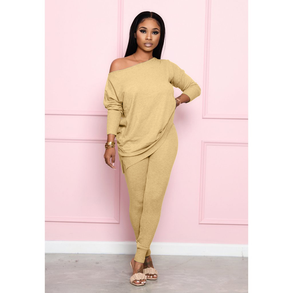 Pants Spot European and American sweater fabric autumn winter models solid color round neck side strapless loose casual two-piece suit