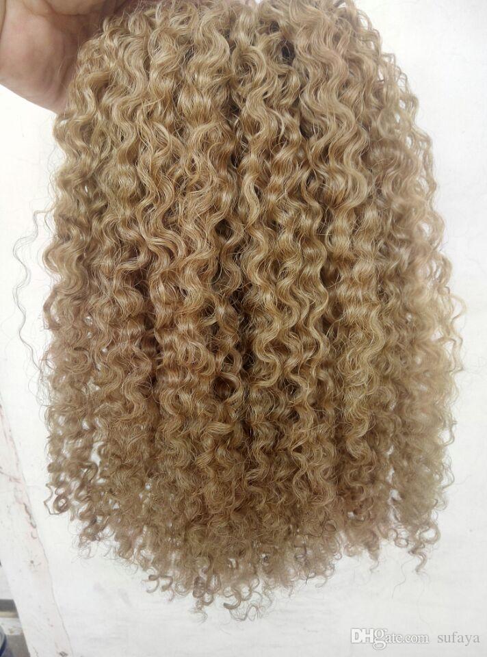 Brazilian Blonde Clips in Ponytail Extension drawstring deep curly Hair for black Women 14" Pale Natural Gold-Blonde