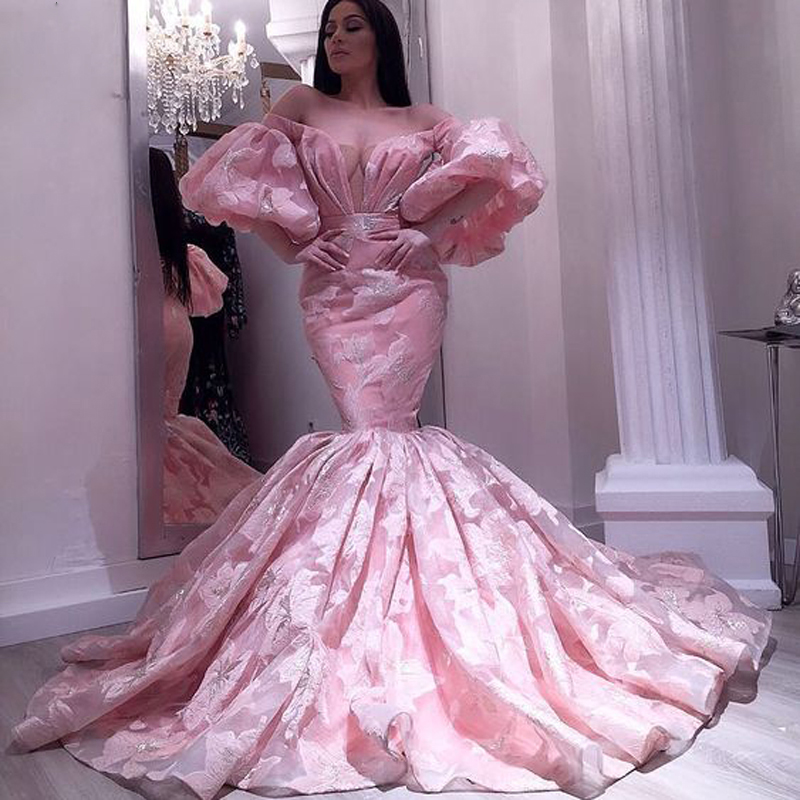 Sexy Blush Pink Long Prom Dresses African Dubai Off Shoulder Lace Mermaid Formal Evening Gowns With Half Sleeves Girls Pageant Dress 2021