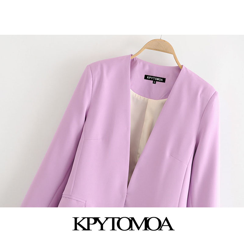 KPYTOMOA Women Fashion Office Wear V Neck Blazer Coat Vintage Long Sleeve Back Vents Pockets Female Outerwear Chic Tops 201106