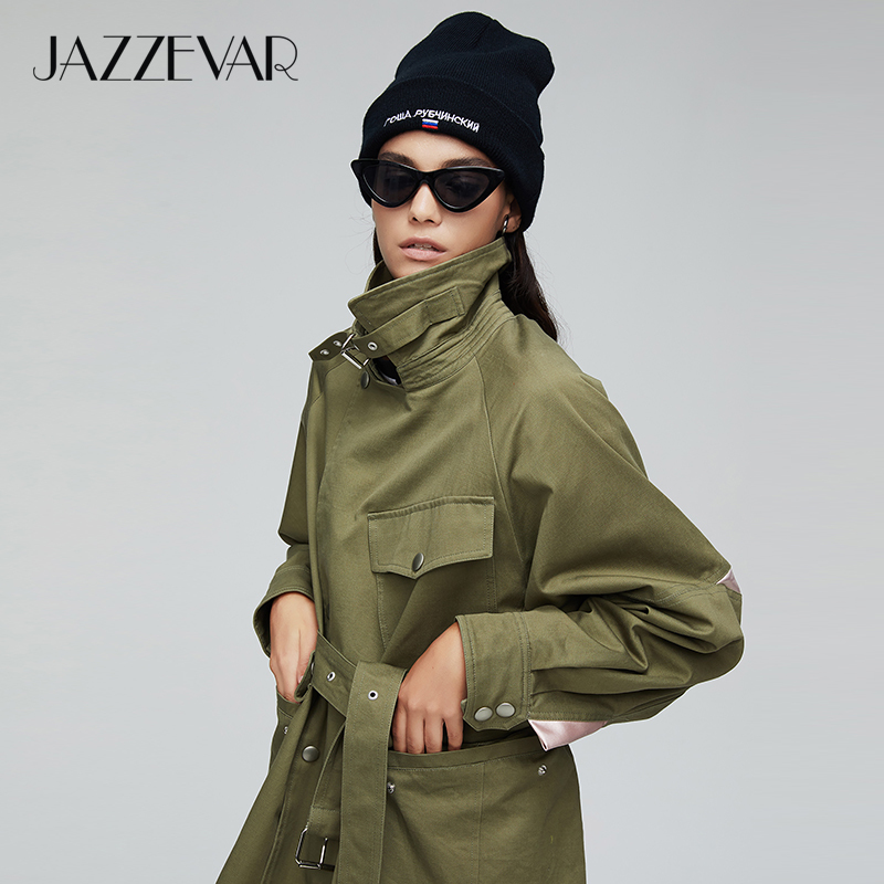 JAZZEVAR arrival autumn trench coat women green color fashion cotton double breasted short outerwear high quality90171 201030