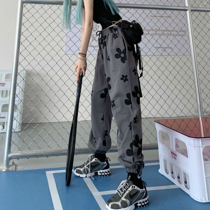 HOUZHOU Hip Hop Sweatpants Women Autumn Fashion Print Joggers Women Streetwear Trousers Loose High Waist Sweet Sweat Pants 201106