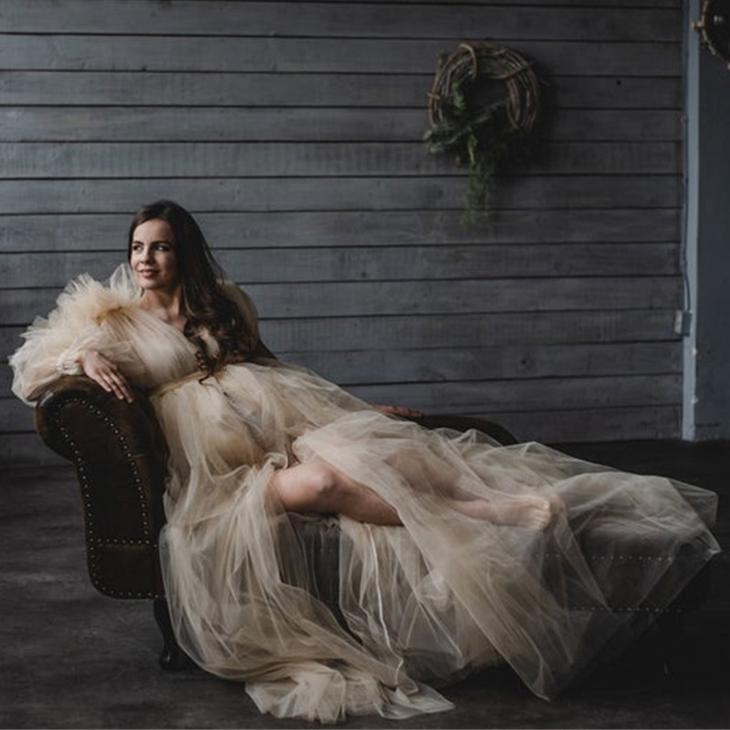 new maternity nightgowns plus size ruffles long sleeve photography tulle gowns custom made bridal sleepwear bathrobe