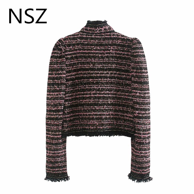 NSZ women houndstooth tweed cropped jacket long sleeve tassel plaid short coat pearl button contrast color motorcycle jacket 201017
