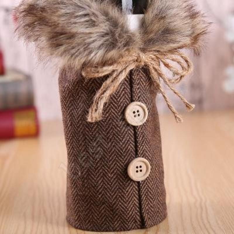 DHL Fast Delivery New Wine Cover with Bow Plaid Linen Bottle Clothes with Fluff Creative Wine Bottle Cover Fashion Christmas Decoration