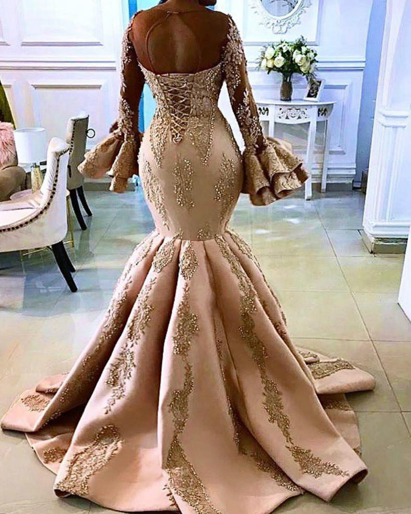 2020 Arabic Aso Ebi Gold Luxurious Mermaid Evening Dresses Lace Beaded Prom Dresses Long Sleeves Formal Party Second Reception Gowns