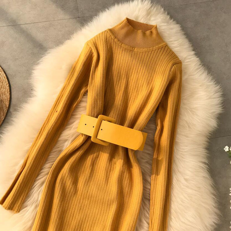 Turtleneck Sweater Dress Women Fashion Autumn Winter lady Slim Sweater Bandage Bodycon Dress Long Sleeve Knitted Dress 210521