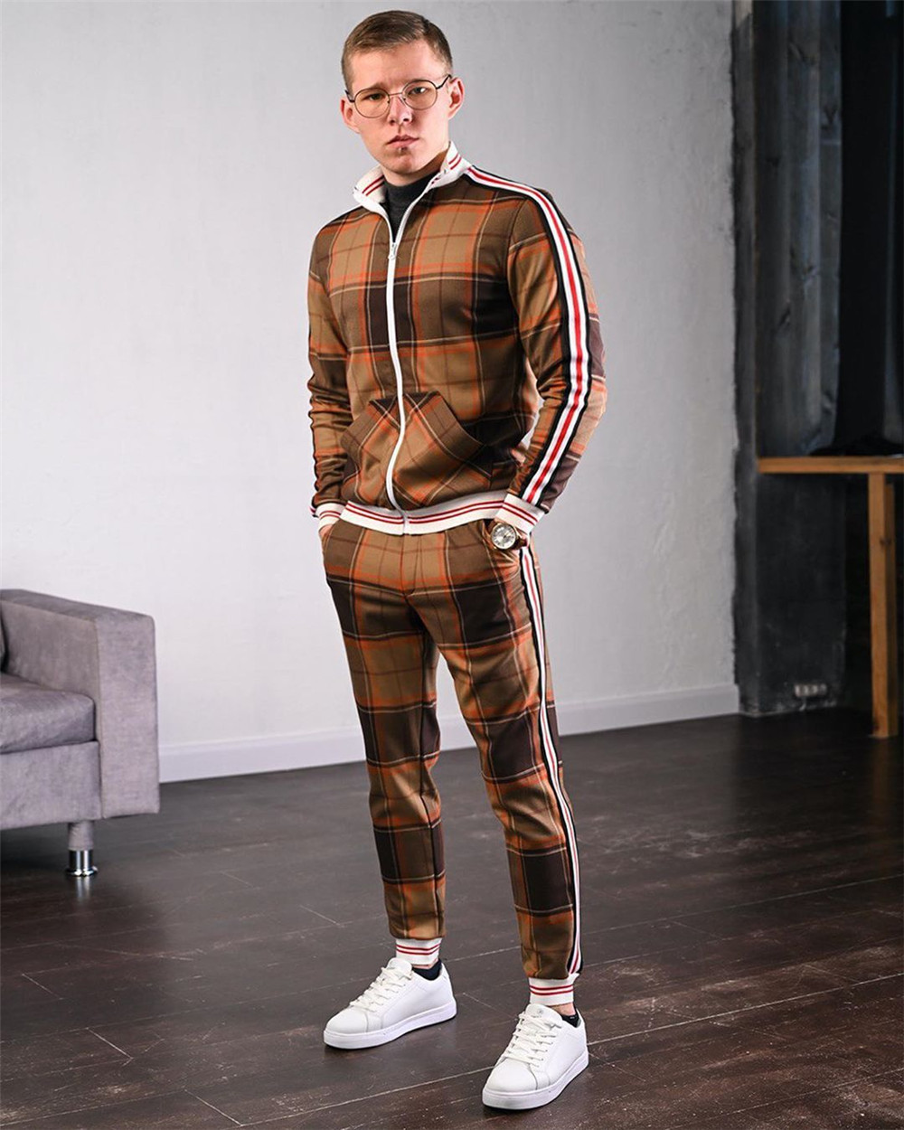 men's tracksuit spring autumn fashion Plaid tracksuit casual two piece set men's sports suit men's clothing men sets 201008