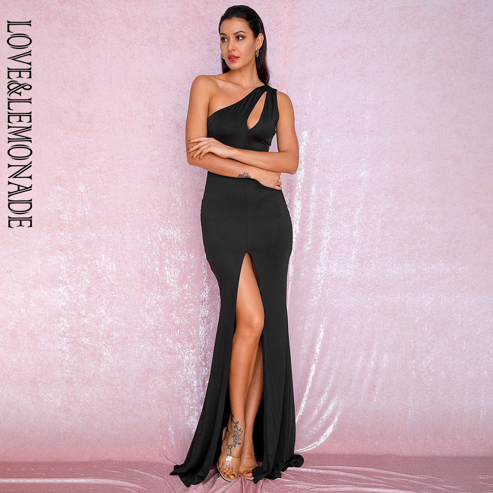 LOVE&LEMONADE Sexy Black One-Shoulder Cut Out Bodycon Elastic Material Split Party Maxi Dress LM81921 T200604