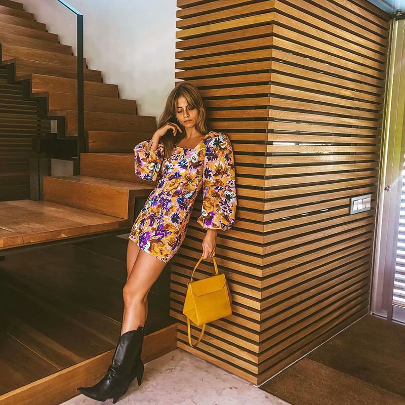 Stylish Chic Floral Print Loose sleeve Dress Za Vintage Elegant Women Square Collar Mini Dresses T200106