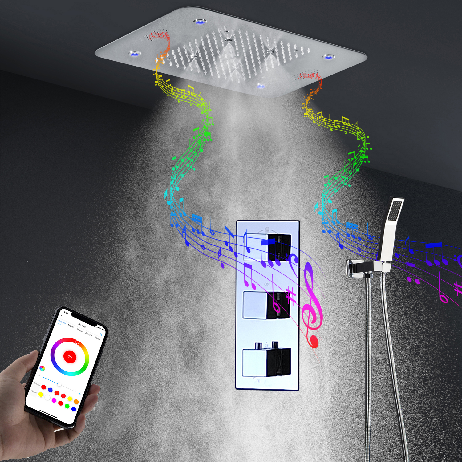 Bathroom Music Shower System Ceiling LED Massage Misty Rain Showerhead 3 Functions Thermostatic Brass Concealed Mixer Faucets