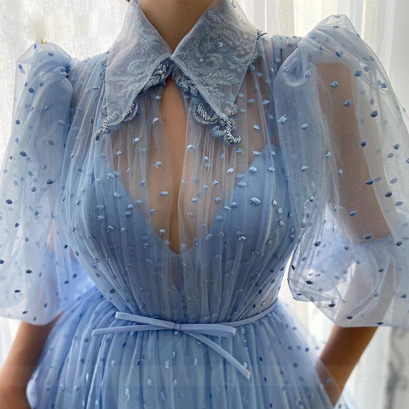 Chic Blue A Line Prom Dresses With Half Sleeves High Neck Formal Party Gowns Sheer Vestidos De Novia