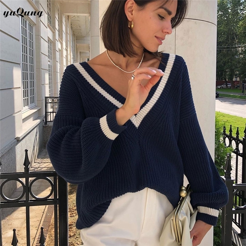 Yuqung Women's Striped V-neck Knitted Sweater Long Sleeve Ladies Pullover Tops Autumn Winter Female Loose Jumper Knitwear 201201, Blue
Yuqung Women's Striped V-neck Knitted Sweater Long Sleeve Ladies Pullover Tops Autumn Winter Female Loose Jumper Knitwear 201201, Blue