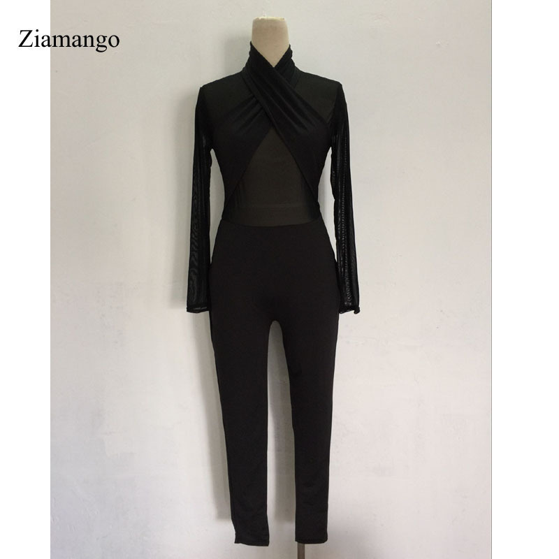 Skinny Sexy Women Jumpsuit Black Fashion Mesh Patchwork Halter Long Sleeve Tight Bodycon Jumpsuit Romper Overalls For Women 2640 T200509