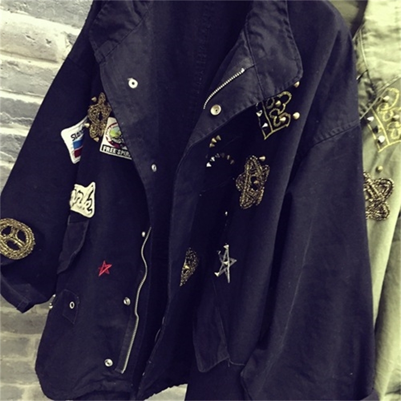 Casual Bomber Jacket Embroidery Applique Rivets Oversize Women Army Green Cotton Coat Y201006