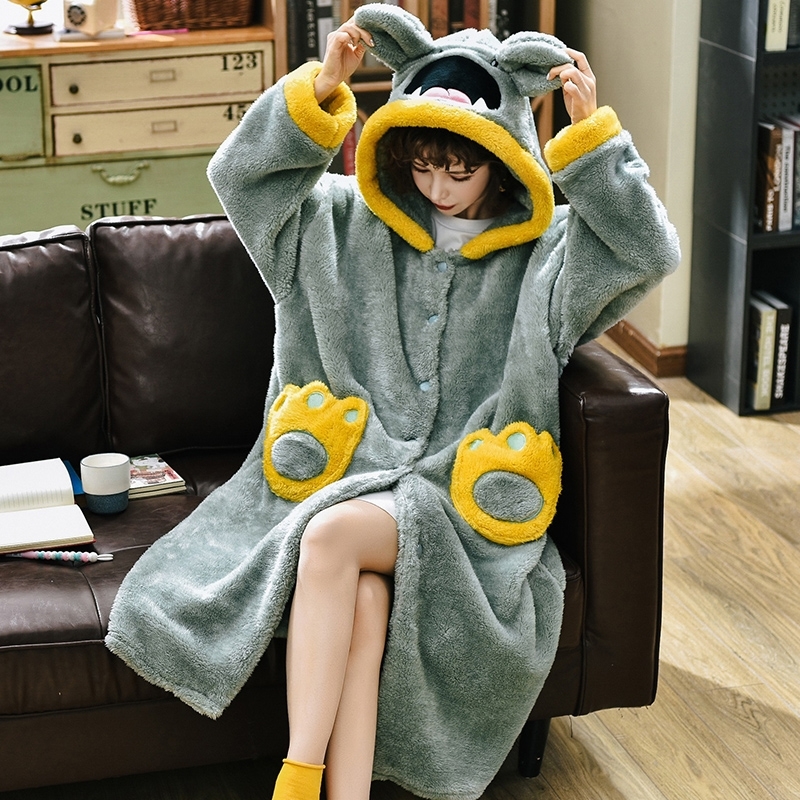 Women Kawaii Winter Robe With Hat Kimono Bathrobe Loose Autumn Nightgown Ears Hooded Sleepwear Bath Night Dress Gown For Girls 210203