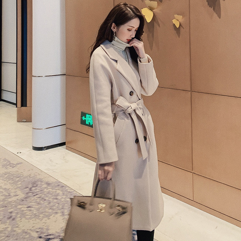 Autumn Winter Women's Jacket Casual Wool Blend Trench Coat Double Breasted Long With Belt 201222
