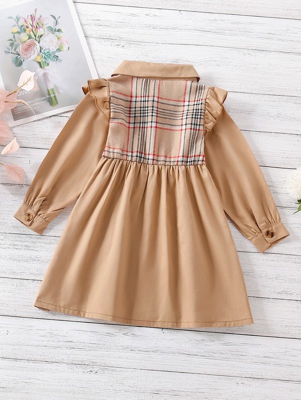 Toddler Girls Plaid Panel Ruffle Trim Shirt Dress SHE