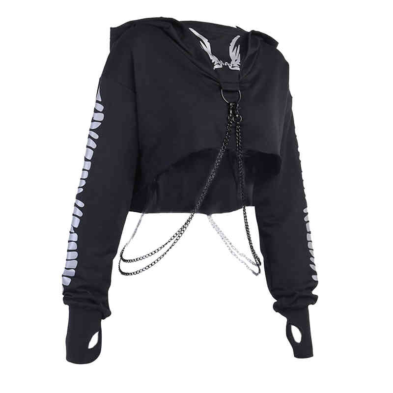 Women Gothic Reflective Print Hoodies Crop Top Pullover Sweatshirt Jumpers with Detachable O-ring Chain 220210