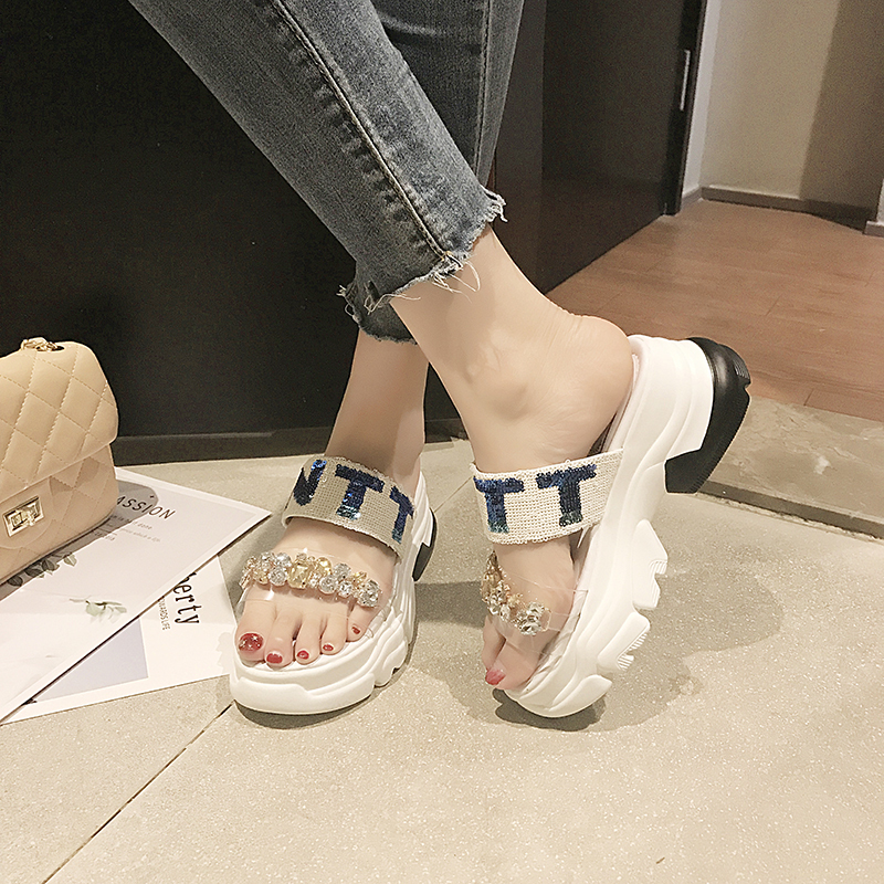 Lucyever Summer Sandals Fashion Crystal Flat Heels Shoes Slingback Ladies Platform Shoes Woman Rhinestoe Beach Slides 201021