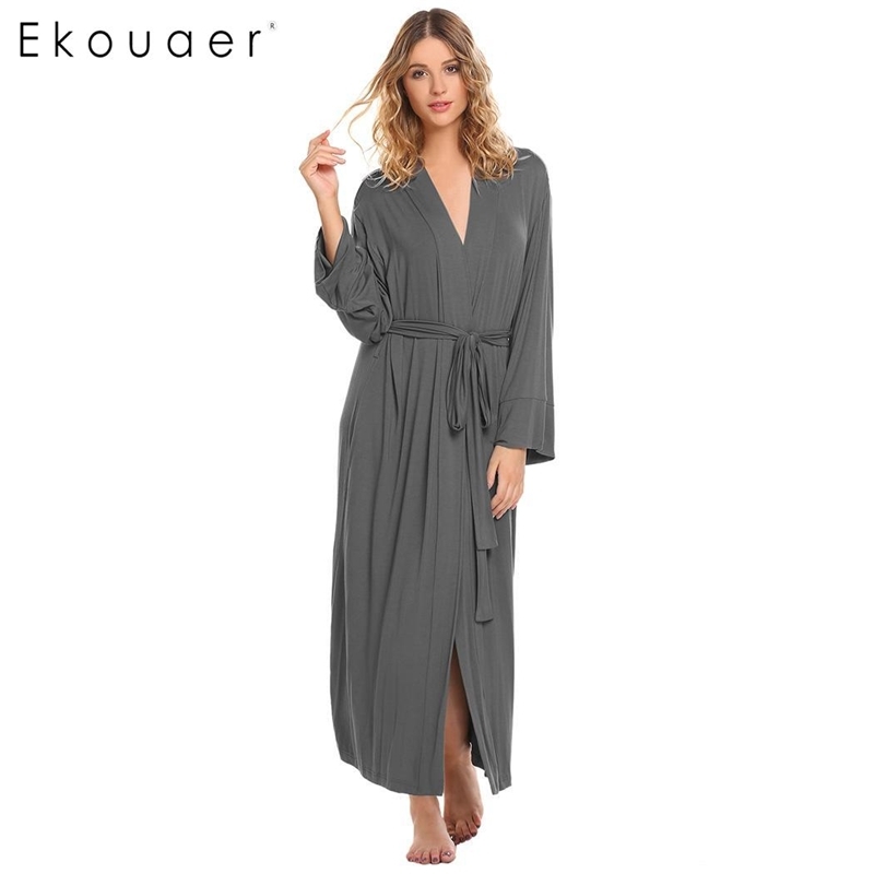 Ekouaer Women Robe Sleepwear Long Kimono Bathrobe Solid Flare Long Sleeve Soft Robe With Belt Female Nightwear Bathroom Spa Robe 210203