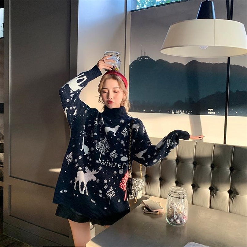Autumn And Winter Loose Wearing Retro Hong Kong Flavor Wear Christmas Super Fairy Turtleneck Pullover Sweater Women Lazy Trend 201223