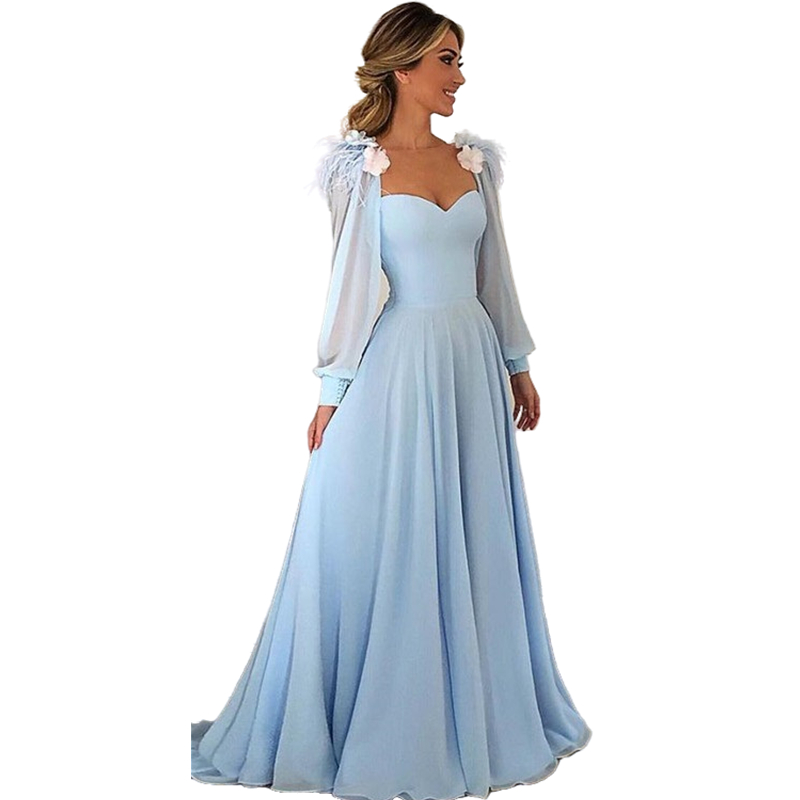 Simple Light Sky Blue Prom Dresses Sweetheart Feather Flowers Puff Long Sleeve Evening Gowns A-Line Elegant Formal Party Dress Vestidos De Gala 2022