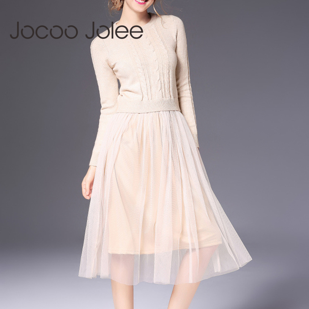 Jocoo Jolee Autumn Winter Dress Elegant Ladies O Neck Long Sleeve Sweater Knitted Midi Dress High Elstic Mesh Warm Women Dress 201029