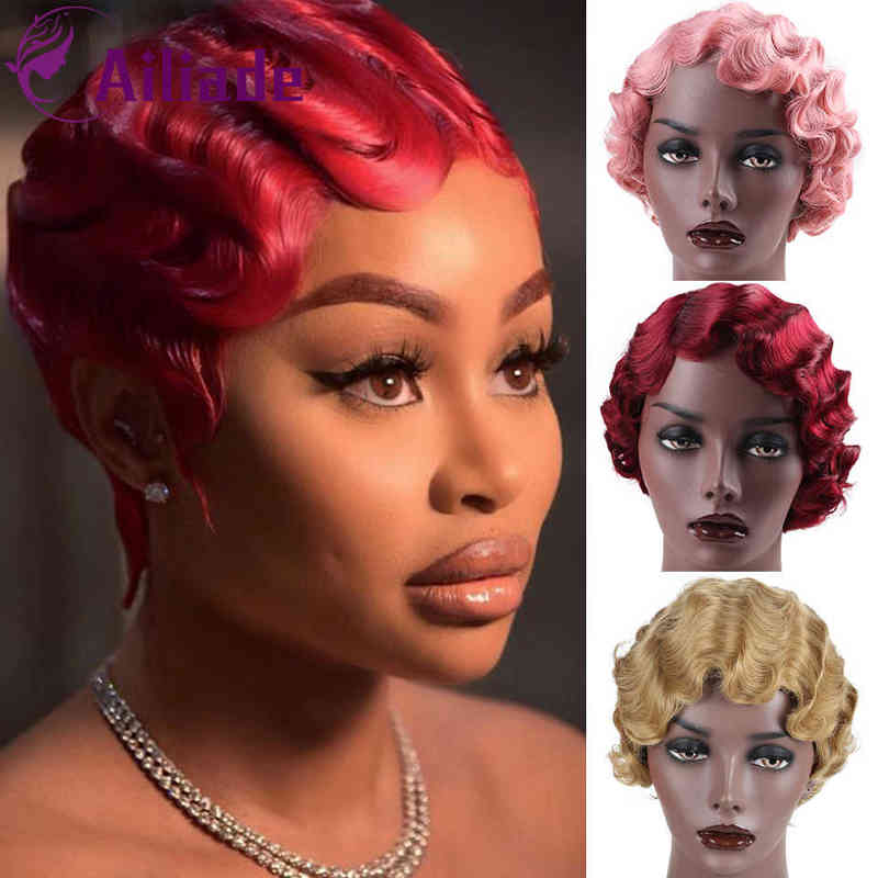 Hairpiece Ailiade 6inches Vintage Short Finger Wave Synthetic Wig Afro Kinky Curly Wigs for Woman Black Purple Blonde Heat Resistant Hair 0121