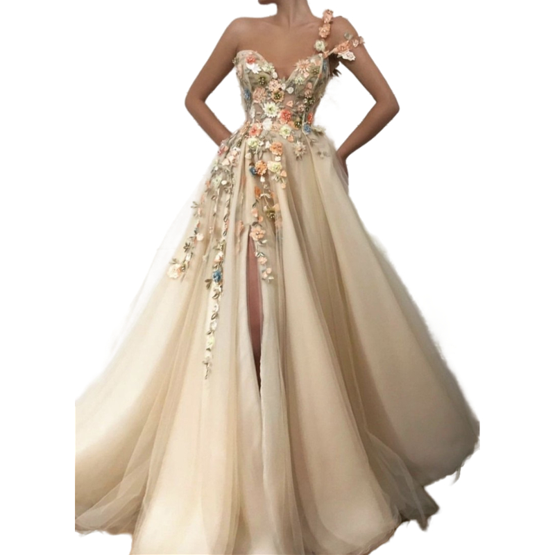 Romantic 3D Floral Appliques Beaded Wedding Dress Light Champagne V-Neck Handmade Flowers Side Split Bridal Gowns Boho Beach Tulle Wedding Dresses