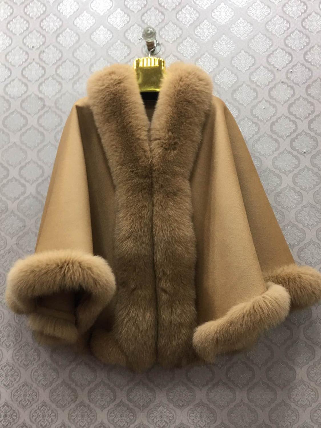 100% wool shawl with natural fox fur collar bottom trimming cape drop shipping wrap furry winter autumn wedding white 201103