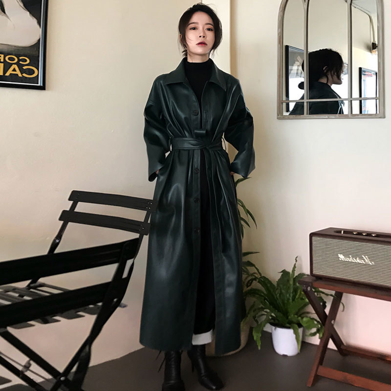 WSYORE Cool PU Leather Long Jacket 2020 New Spring Women Loose Belt PU Leather Windbreaker Trench Coat Slim Autumn Jacket NS939a T200810