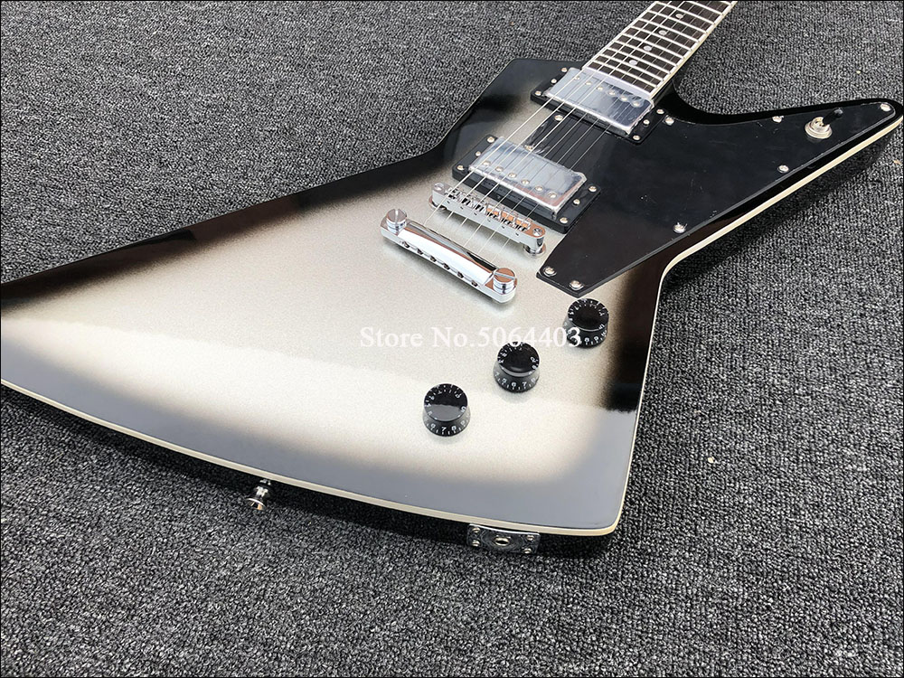 Custom Silver Burst Explorer Electric Guitar Dot Inlay, Chrome Hardware, Black Speed Knobs
Custom Silver Burst Explorer Electric Guitar Dot Inlay, Chrome Hardware, Black Speed Knobs