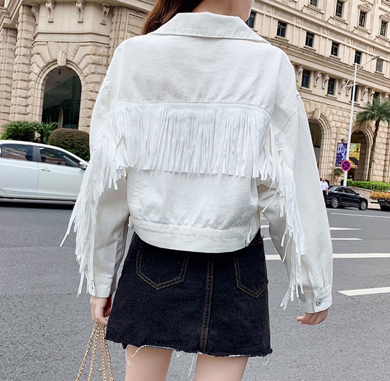 Fashion Trend Cowboy Clothing Women Back Fringe Tassel Denim Top Short Lapel Long Sleeve Casual Coat Cowboy Jacket 201017