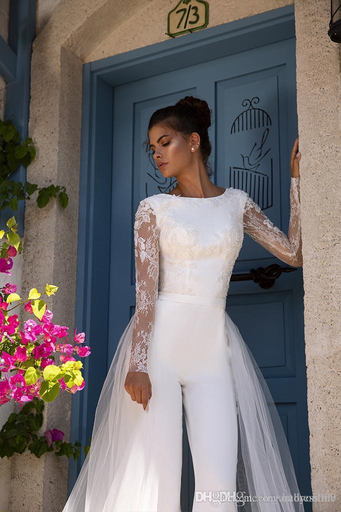 Modest Long Sleeve Jumpsuits Wedding Dress With Detachable Train Lace Bohemian Boho Beach Bridal Gowns Vestido De Noiva