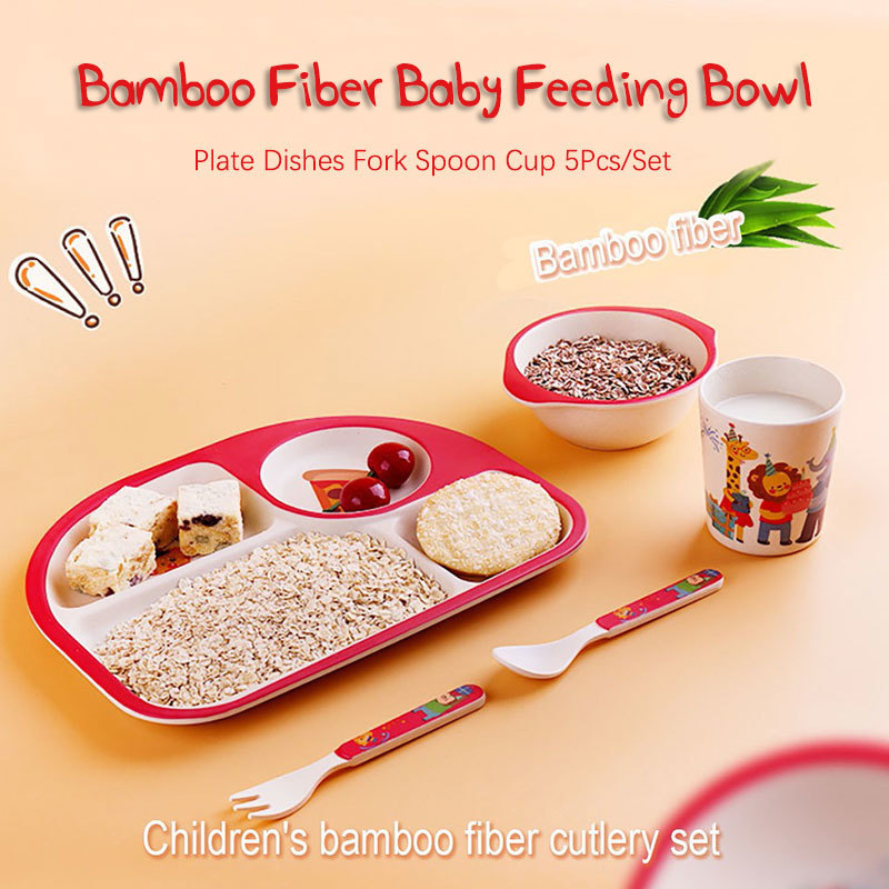 Baby Bamboo Feeding Bowl BPA Free Dishes Fork Spoon Cup Dinnerware Set FAD Children Tableware Kids Separation Feeding Plate LJ201019