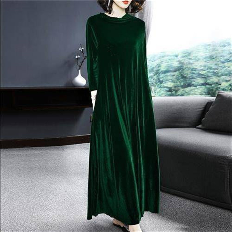 Velvet Dresses Middle Aged Women Winter Plus Size Casual Loose Long Sleeve Solid Color O-neck Maxi Vintage Vestidos T200911