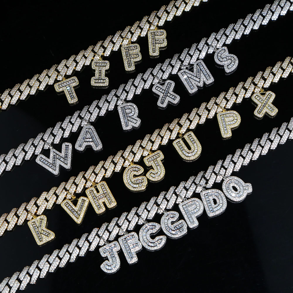 Top quality 5A cubic zirconia 12mm width cuban link chain Gold color iced out bling baguette cz 26 Alphabet Initial charm name necklace