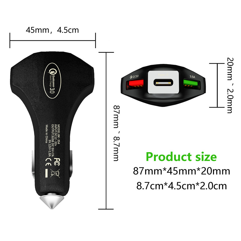 3 Ports Quick Charging Car Chargers 7A 35W Type c Hammer Safety QC3.0 Fast Car Charger For Samsung S24 S23 S22 S21 S20 PC MP3 Android iPhone 15 14 13 